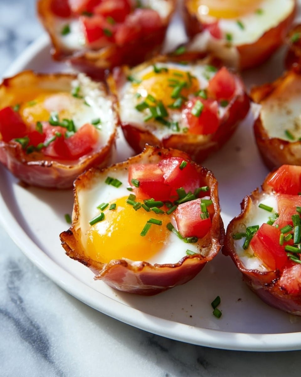 The image shows several egg cups made from crispy brown ham slices shaped into small bowls, each holding a cooked sunny-side-up egg with a bright yellow yolk and white edges. On top of the eggs are small, evenly chopped red tomato pieces and finely sliced green chives, adding color and freshness. The egg cups are arranged neatly on a large white plate, all set on a white marbled surface. The light reflects softly on the glossy ham and the smooth egg whites, highlighting the freshness of the ingredients. photo taken with an iphone --ar 4:5 --v 7