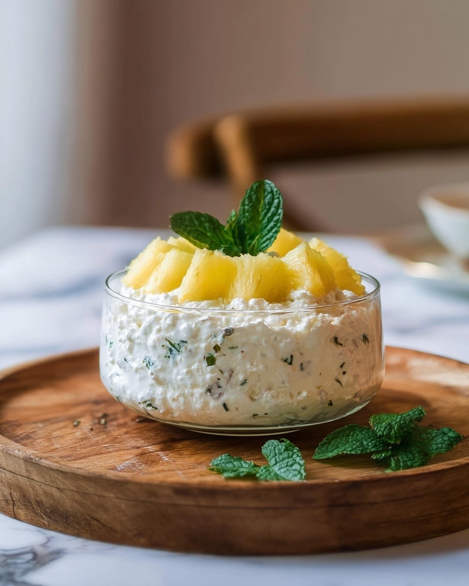 A clear glass bowl contains three visible layers: at the bottom, a grainy white layer with small brown specks; in the middle, a thick fluffy white layer; and on top, bright yellow chunks of pineapple arranged neatly, garnished with a small sprig of fresh green mint leaves. The bowl sits on a round wooden board placed on a white marbled surface, with additional fresh mint leaves lying beside it. The background is softly blurred, showing a warm indoor setting. photo taken with an iphone --ar 4:5 --v 7