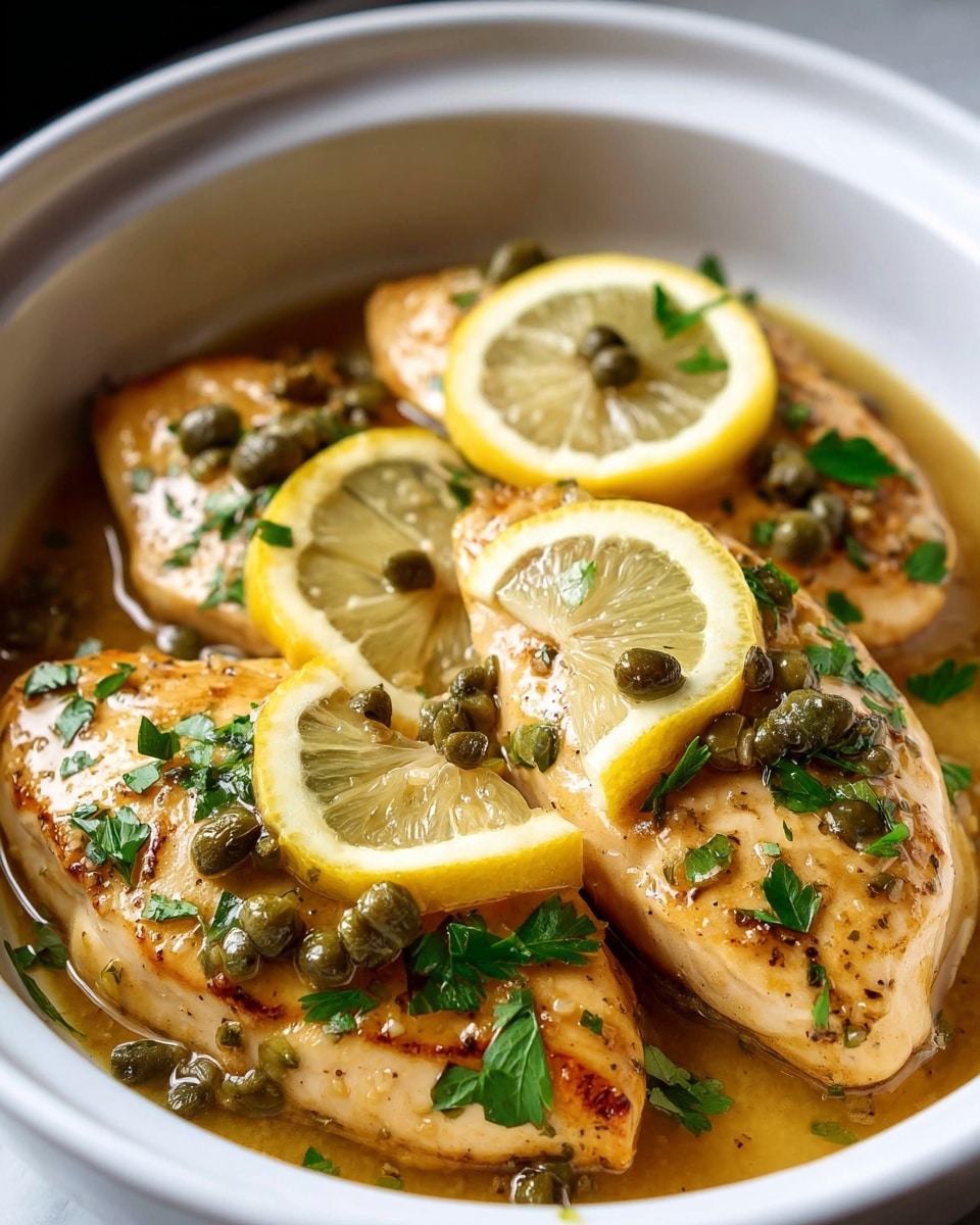 The image shows a close-up of three cooked chicken breasts placed side by side in a black pot, each piece light golden brown and covered with small green parsley leaves and capers. On top of two of the chicken breasts, there are thin, round lemon slices with a pale yellow color and visible seeds. The chicken sits in a glossy, light brown sauce with some small herbs floating in it. The texture of the chicken looks tender and moist, and the green garnish adds a fresh, vibrant touch. The photo is taken on a white marbled surface. photo taken with an iphone --ar 4:5 --v 7