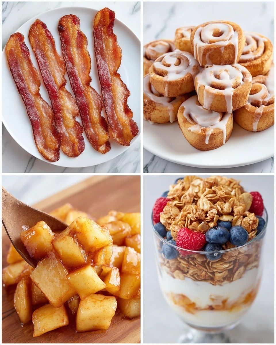The image shows four separate close-up shots of different breakfast dishes on a white marbled surface. The top left photo shows four crispy browned bacon strips layered slightly on top of each other on a white plate. The top right photo shows many small cinnamon rolls with light golden brown texture and a delicate drizzle of white icing on top, heaped on a white plate. The bottom left photo shows golden cooked cinnamon-spiced apple chunks with a warm, soft texture, stirred with a wooden spoon. The bottom right photo shows a clear glass cup filled with five layers—starting from the bottom: red strawberries and blueberries, crunchy brown granola, smooth white yogurt, mixed yellow and red fruit pieces with more granola, and topped with a colorful mix of fresh strawberries, blueberries, and peaches. Photo taken with an iphone --ar 4:5 --v 7