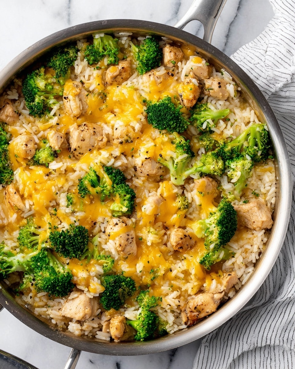 The dish is a one-pan meal inside a shiny silver pan, placed on a white marbled surface with a striped cloth nearby. The bottom layer is made of soft, cooked white rice mixed with small, lightly browned chicken pieces hung with a mild sauce. Scattered evenly throughout the dish are bright green broccoli florets that add a fresh color contrast. The top layer is melted cheddar cheese in a golden-orange color, gently covering much of the rice and chicken, melting into the ingredients with some small black pepper specks sprinkled for seasoning. photo taken with an iphone --ar 4:5 --v 7