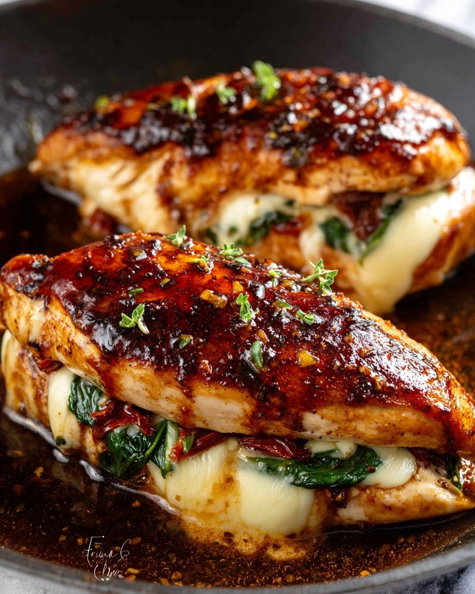 Two pieces of grilled chicken breast with a shiny, dark reddish-brown charred crust on the top and sides, filled with layers of melted white cheese, green spinach leaves, and red sun-dried tomatoes inside. The chicken is resting in a dark pan with some brown sauce and small chopped green herbs sprinkled on top. The background is a white marbled texture. photo taken with an iphone --ar 4:5 --v 7
