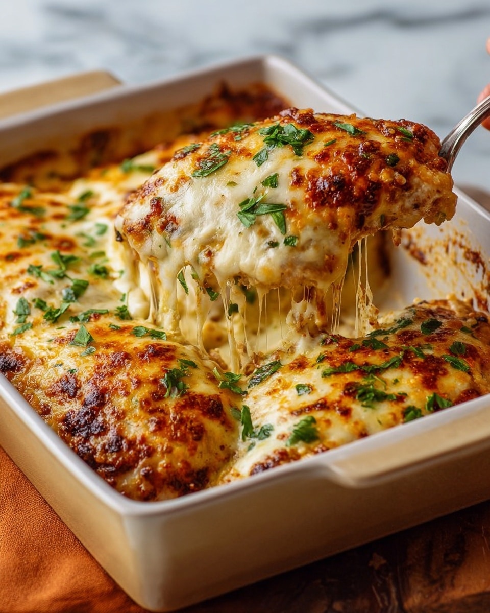 The image shows two pieces of baked chicken breast in a rectangular white baking dish, with a golden brown crispy crust at the bottom layer and a thick layer of melted cheese on top, which is gooey and stringy as one piece is lifted by a fork from a woman's hand. The cheese is slightly browned with spots of crispy bits, and fresh green chopped herbs are sprinkled over the melted cheese, adding a touch of color and freshness. The dish is set on a white marbled surface. Photo taken with an iphone --ar 4:5 --v 7