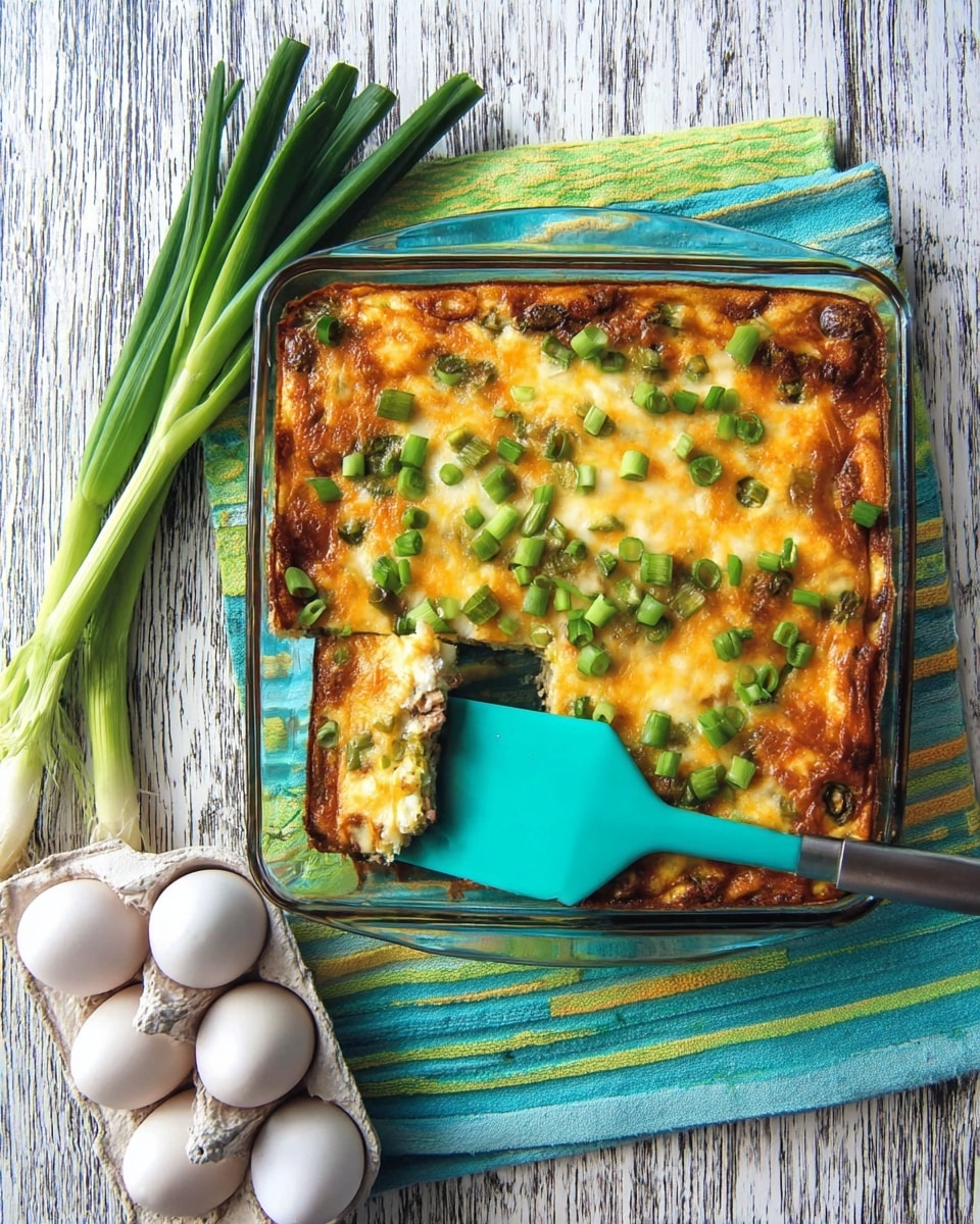 A square glass dish holds a baked casserole with a golden brown top layer sprinkled with chopped green onions. The casserole's top layer has a melted, slightly crispy texture with green onion pieces visible. A turquoise spatula is scooping out a portion from the bottom left corner, revealing a pinkish inner layer under the baked cheese. The dish is placed on a striped blue and green cloth, set on a white marbled textured surface. Next to the dish are three fresh green onions and a carton with six white eggs. photo taken with an iphone --ar 4:5 --v 7