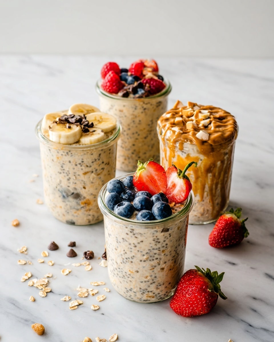 Four jars of creamy overnight oats sit on a white marbled surface, each filled with a speckled, pale beige oat mixture with visible chia seeds. The first jar on the left is topped with sliced yellow bananas, dark chocolate chips, and a drizzle of light brown peanut butter. Behind it, another jar is garnished with red raspberries, dark blueberries, and a swirl of peanut butter. The third jar in front holds smooth granola, deep blue blueberries, and halved red strawberries with green tops. The last jar on the right shows a mix of granola, blueberries, and a thick drizzle of peanut butter along the inside of the glass. Scattered around the jars are several whole and halved strawberries, loose blueberries, and small pieces of granola. The bright, natural lighting and white marbled background add a fresh, clean feel. Photo taken with an iphone --ar 4:5 --v 7
