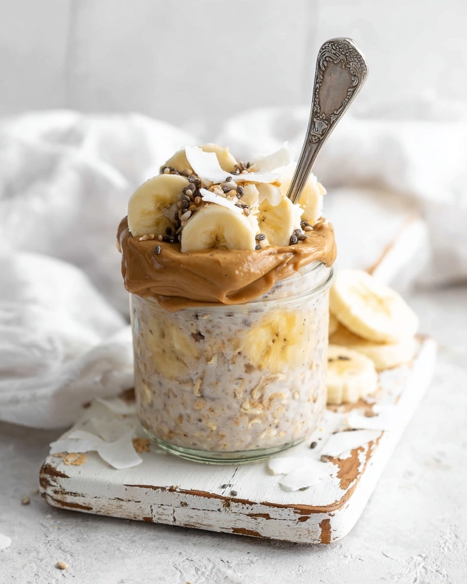 A clear glass jar filled with a thick beige overnight oats mixture showing banana slices pressed against the inside of the jar as the first layer; topped with a pile of banana slices, a generous dollop of creamy light brown peanut butter layered in the center, white coconut flakes scattered around, and tiny black chia seeds sprinkled on top; an ornate silver spoon is inserted into the oats from the top; the jar sits on a worn white wooden board placed on a white marbled textured surface with blurred white jars in the background; photo taken with an iphone --ar 4:5 --v 7