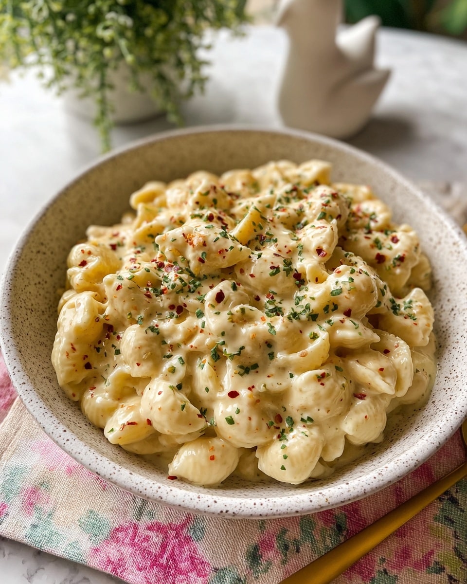 A close-up view of a creamy macaroni and cheese dish in a white speckled bowl, with small shell pasta fully covered in smooth, thick cheese sauce, sprinkled lightly with chopped green herbs and red chili flakes. The bowl sits on a white marbled surface with a textured pastel floral cloth underneath, and a gold spoon rests nearby. In the background is a blurred green plant and a white ceramic bird-shaped decoration. Photo taken with an iphone --ar 4:5 --v 7