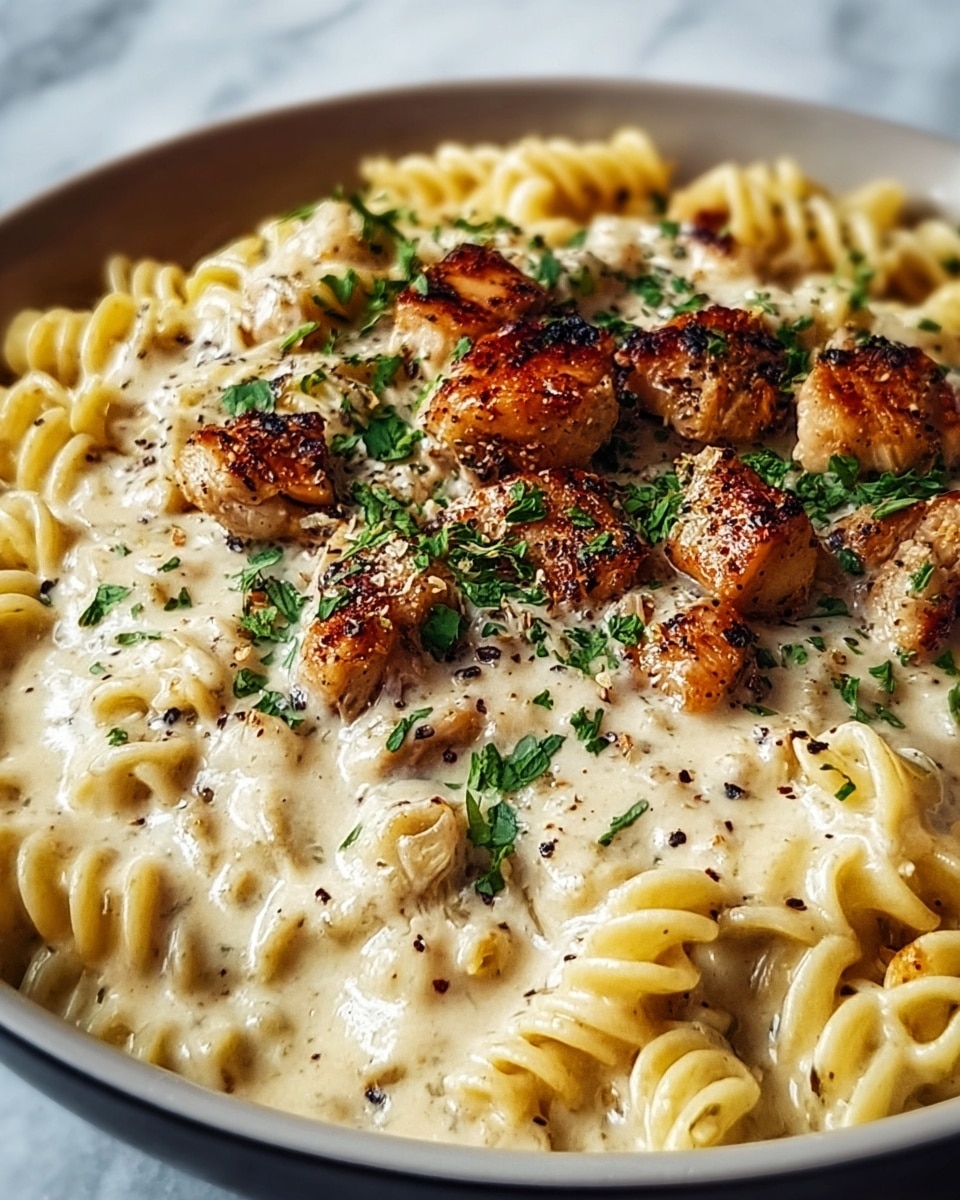 The dish shows a close-up of a creamy pasta with three visible layers: the bottom layer is a white sauce with a smooth, rich texture covering the white spiral pasta, the middle layer consists of golden-brown grilled chicken pieces scattered across the dish, and the top layer is sprinkled with fresh green herbs and black pepper flakes, adding a touch of color contrast and texture. The pasta is nestled in a white bowl, sitting on a white marbled surface, emphasizing the creamy sauce and browned chicken pieces in detail. Photo taken with an iphone --ar 4:5 --v 7