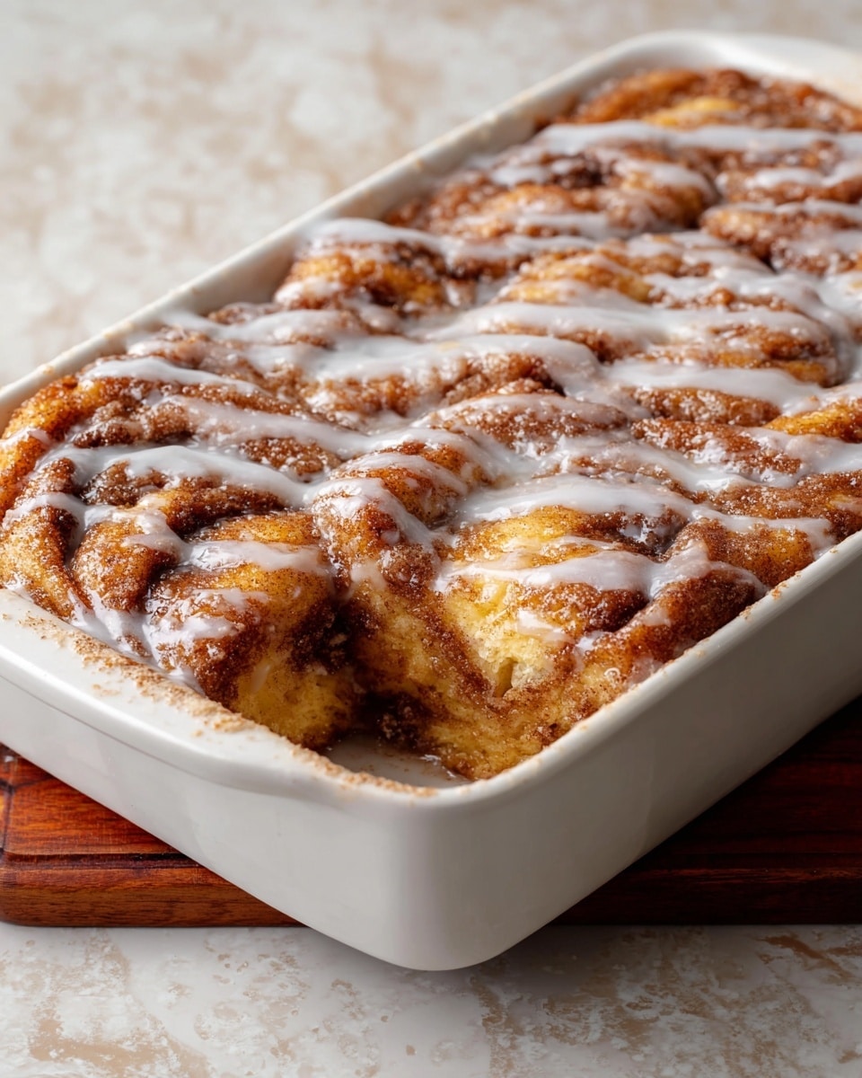 This dessert is shown in a white ceramic rectangular baking dish. The top layer is golden brown with soft swirls of cinnamon sugar creating a textured, slightly crispy surface. Over this layer are generous drizzles of white glaze that shine and add a sticky, sweet finish. The dish shows about three to four thick layers of soft, doughy bread soaked in cinnamon and sugar, rising close to the edge of the dish. In the background, there is a white marbled texture surface. photo taken with an iphone --ar 4:5 --v 7