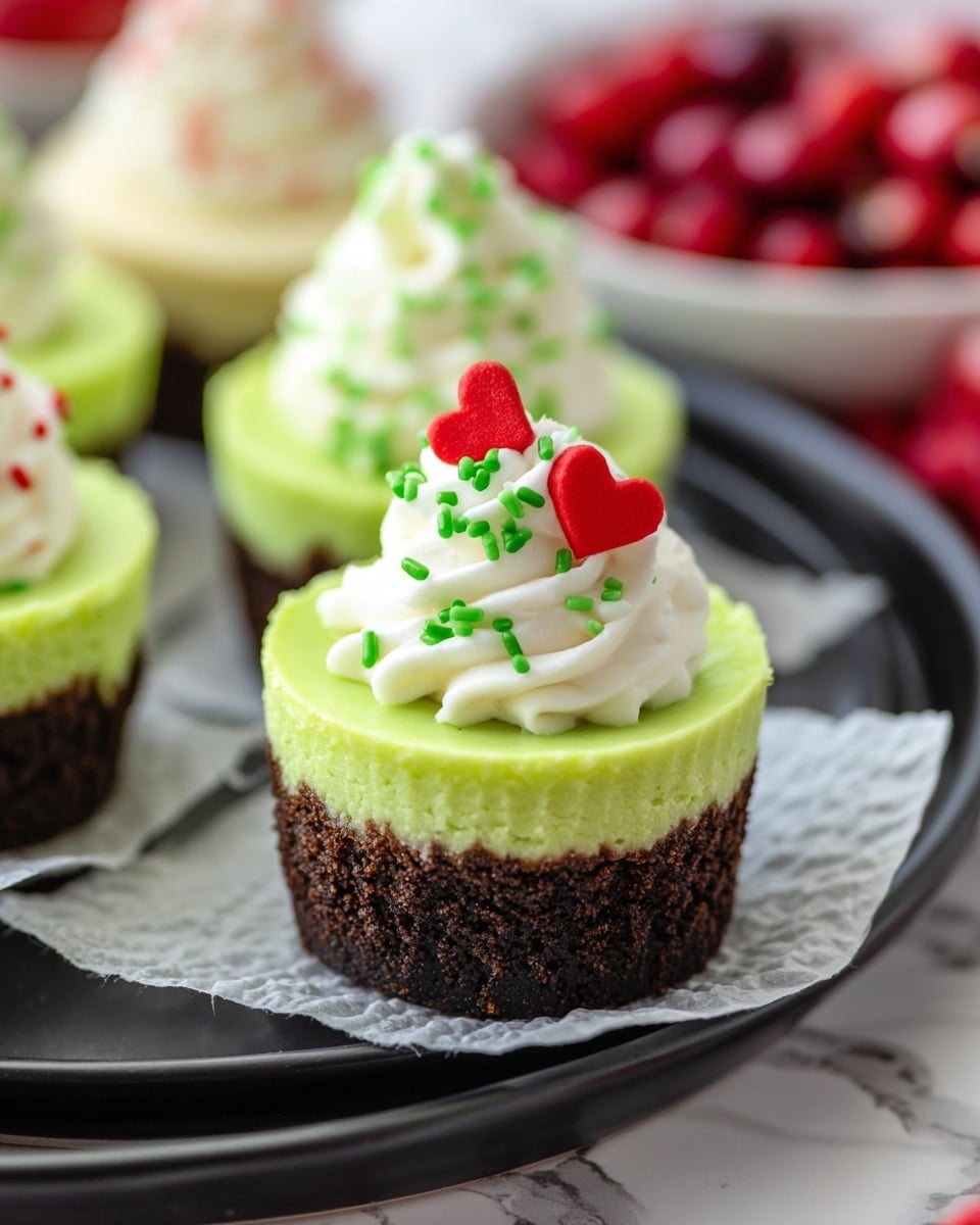 The image shows small green cheesecakes in white paper cups, arranged on a black plate with a white marbled background. Each cheesecake has two layers: a dark brown crumbly base layer and a smooth, light green cheesecake layer on top. One cheesecake in the front is topped with a swirl of white whipped cream decorated with red heart and green stick sprinkles, while the others have plain whipped cream dollops. Berries are blurred in the background, adding a festive touch. photo taken with an iphone --ar 4:5 --v 7