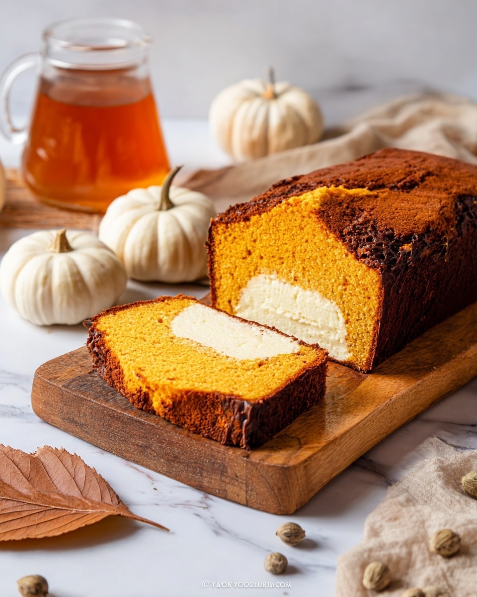 The image shows a loaf of pumpkin cake with a dark brown crust and a bright orange inner layer, sliced to reveal a thick white cream cheese layer running through the middle. The cake sits on a wooden cutting board with a smooth finish. In the background, there are two pale white pumpkins, a glass jug filled with amber-colored liquid, and some small, round textured natural decorations. The scene is set on a white marbled surface with a soft, natural light highlighting the textures and colors. Photo taken with an iphone --ar 4:5 --v 7