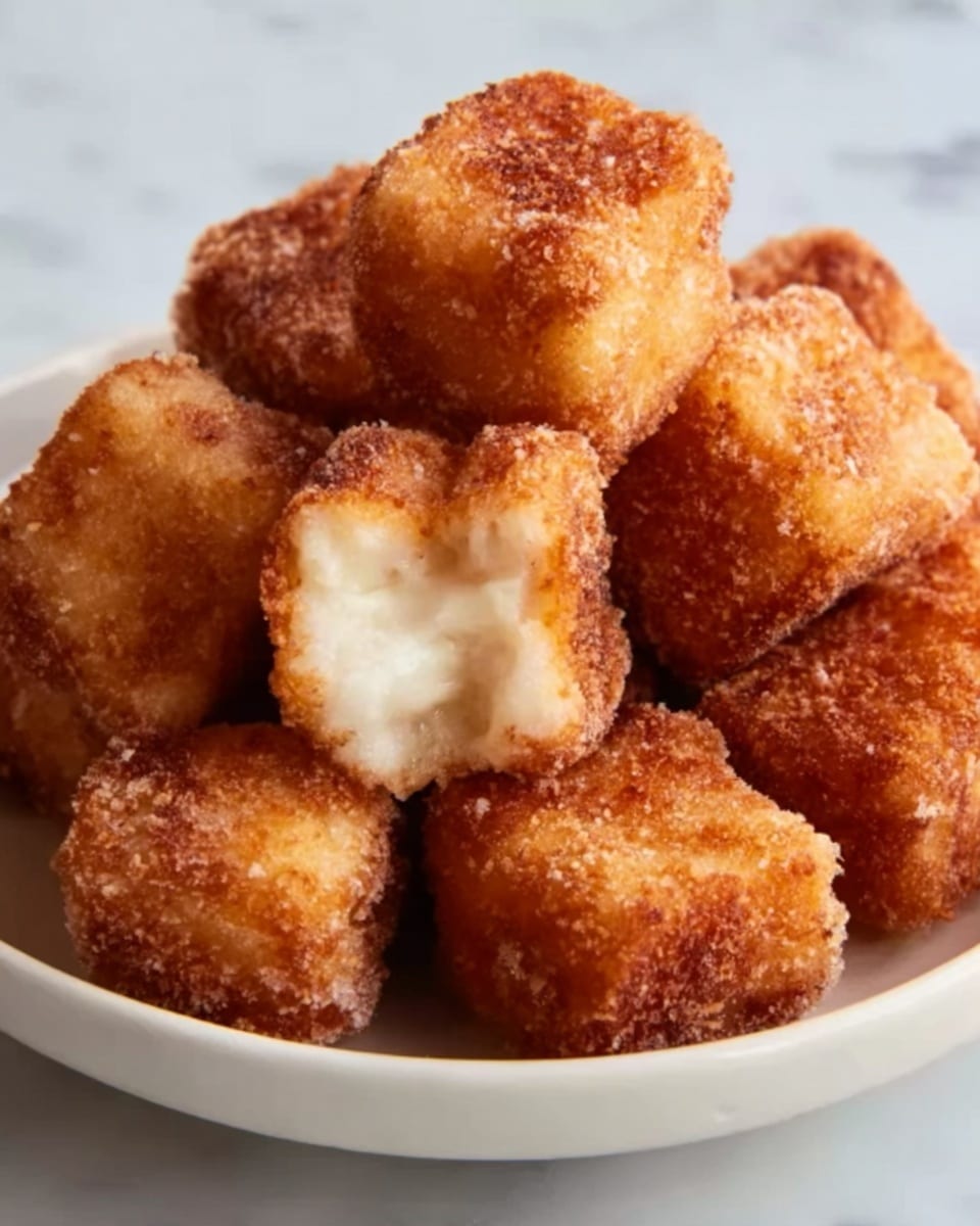 A close-up view of a white bowl filled with multiple golden-brown fried tofu cubes, each showing a crispy, textured exterior. One tofu cube is cut in half and positioned on top, revealing a soft, white, smooth inside contrasted against the crunchy outside layers. The tofu pieces are stacked in a slightly uneven pile, highlighting their rough, crumbly coating and light frying spots. The background shows a white marbled surface, enhancing the warm color of the tofu. Photo taken with an iphone --ar 4:5 --v 7