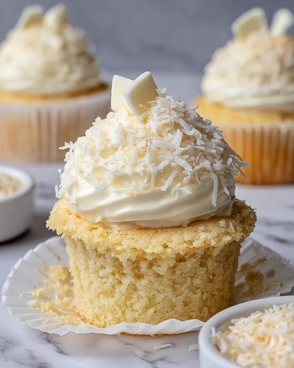 A single cupcake with a light golden yellow base textured with crumb details sits partially wrapped in a peeled-back white paper liner. On top, there is a tall, thick swirl of smooth creamy white frosting covered generously with shredded coconut shreds, giving it a fluffy and textured look. The frosting is dotted with two white chocolate curls placed upright at the peak. In the soft-focus background, two more similar cupcakes are visible, along with a small white round dish filled with more shredded coconut, all placed on a white marbled surface. photo taken with an iphone --ar 4:5 --v 7