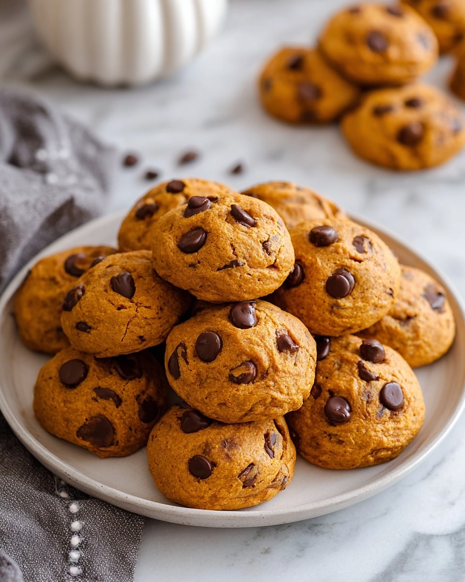 A round white speckled plate is filled with two layers of soft, thick chocolate chip cookies that have a warm golden-brown color. Each cookie is dotted with shiny dark chocolate chips that stand out against the tender cookie surface. The cookies are stacked closely, with some overlapping and creating a small mound in the center of the plate. The plate sits on a white marbled surface, and a grey cloth with white stripes is partially visible in the corner. In the background, there are a few more cookies and a white textured object that appears to be a jar or container. photo taken with an iphone --ar 4:5 --v 7