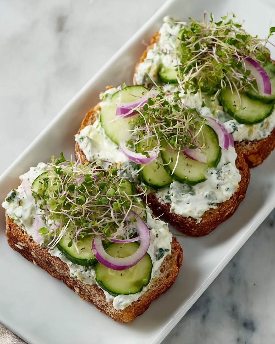 Three pieces of toasted brown whole grain bread are placed side by side on a white rectangular plate. Each slice is topped with a thick, creamy white spread mixed with small green herb pieces, giving a textured look. On top of the spread, there are delicate light green cucumber slices and thin, curved slices of purple-red onion, adding a fresh and crisp layer. Small green sprouts are scattered over each toast, adding a lively, fine texture and a touch of softness. The plate is set on a white marbled surface. photo taken with an iphone --ar 4:5 --v 7