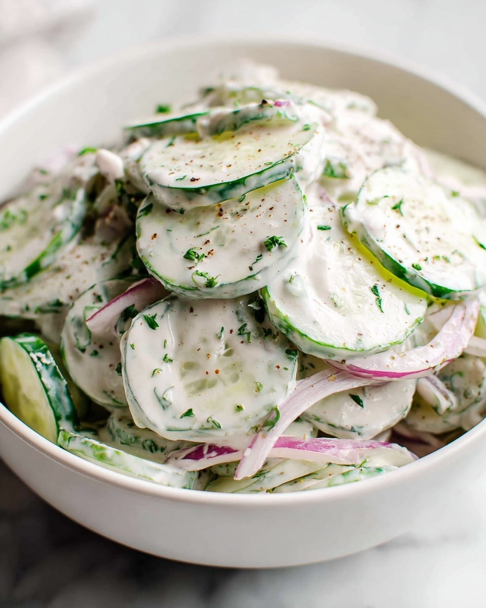 A white bowl filled with a creamy cucumber salad showing three main layers: the bottom layer with thin slices of red onion, a middle layer of thin, round cucumber slices covered in a thick white dressing sprinkled with green herbs and black pepper, and an upper layer where more cucumber slices are stacked, all coated evenly with the dressing, giving a fresh and cool look; the bowl is set on a white marbled surface. Photo taken with an iphone --ar 4:5 --v 7