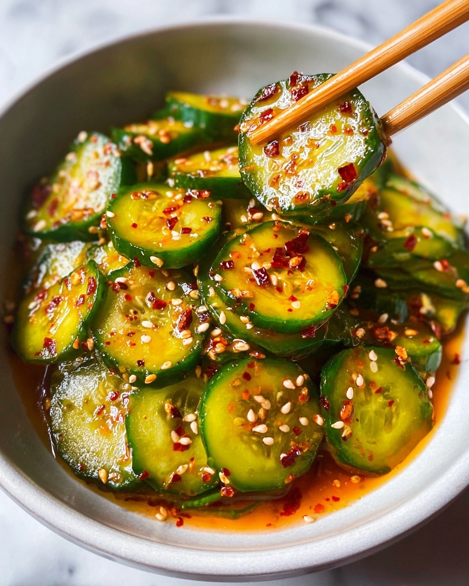 A white bowl filled with bright green cucumber slices coated in a shiny orange-red sauce, topped with white sesame seeds and small red chili flakes scattered all around. Three cucumber slices are held by wooden chopsticks in the center of the image, showing their smooth texture and glossy sauce coating. The bowl sits on a white marbled surface, adding soft contrast to the fresh colors of the dish. Photo taken with an iphone --ar 4:5 --v 7