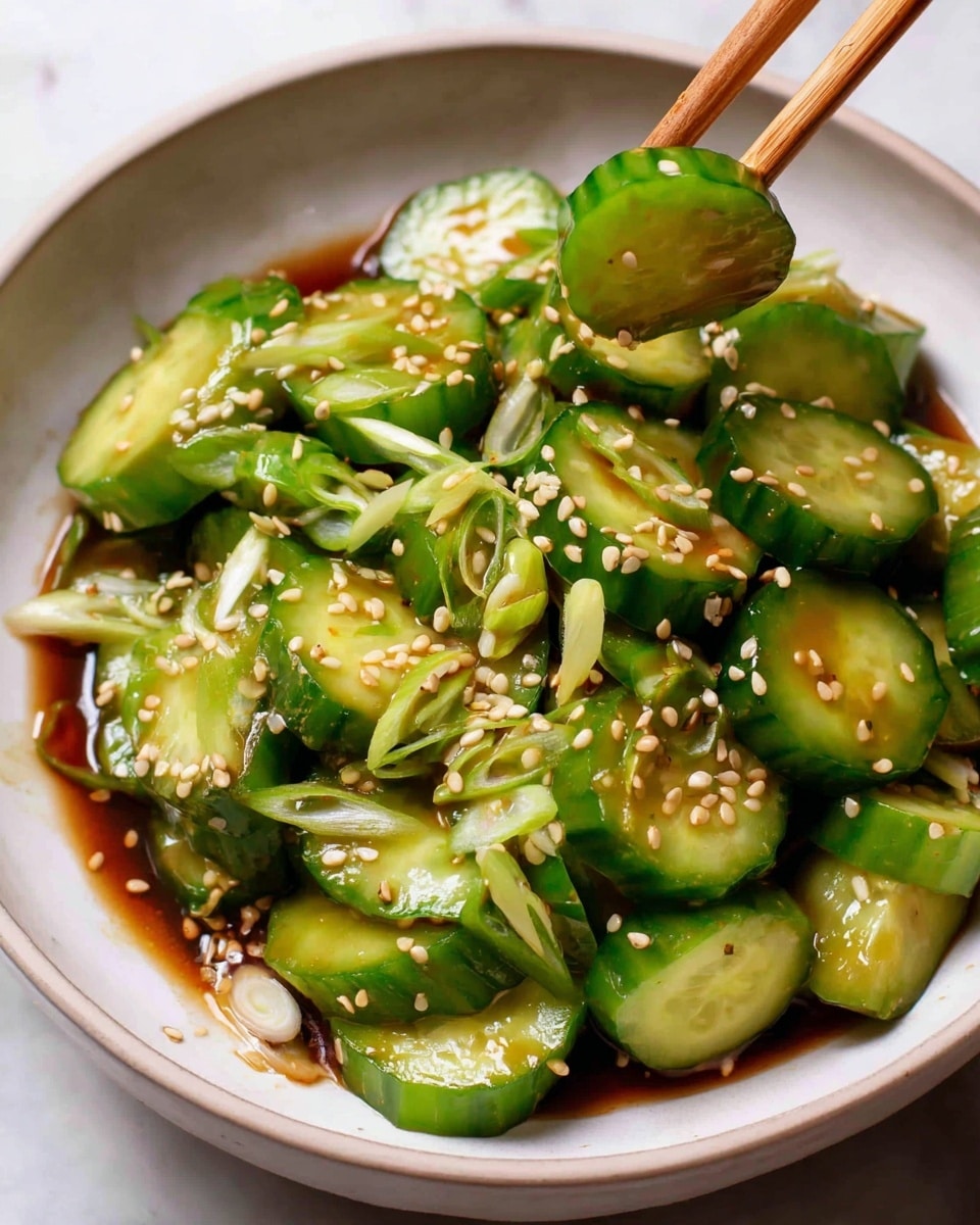 A white bowl filled with thick, uneven slices of bright green cucumber, some sliced with a textured edge and others smooth, resting in a layer of dark brown sauce. Scattered over the cucumber are small white sesame seeds and thinly sliced light green scallions. Two light brown wooden chopsticks are holding a couple of cucumber slices above the bowl. The bowl is set on a white marbled surface. photo taken with an iphone --ar 4:5 --v 7