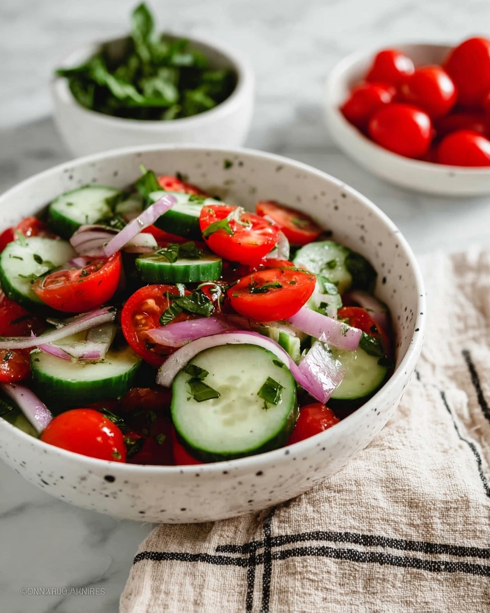 A large white bowl filled with a fresh salad consisting of three main layers: bright red grape tomatoes cut in halves, thick chunks of green cucumber with dark green skin, and thin slices of purple-red onion, all mixed together and sprinkled with small green herb pieces and black pepper. The salad looks juicy and colorful, with the vegetables evenly distributed throughout the bowl. In the background, two small white bowls hold leafy green herbs and more whole grape tomatoes, resting on a white marbled surface. photo taken with an iphone --ar 4:5 --v 7