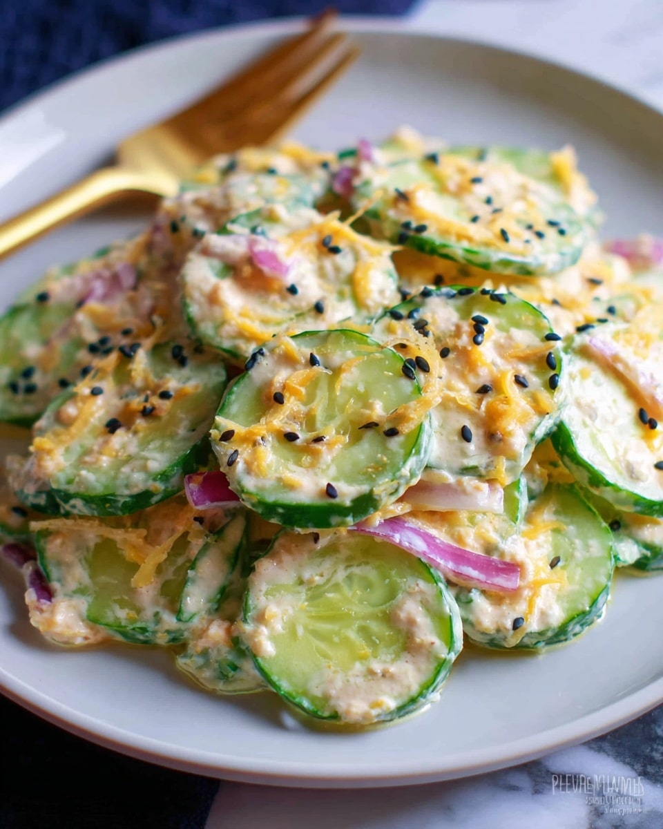 The image shows a salad made of layers of thin, round cucumber slices with light green skin and pale interiors, mixed with a creamy dressing that is white with bits of finely chopped orange, purple, and green vegetables. Black sesame seeds are sprinkled on top, adding contrast. The salad is served on a white plate with a ridged pattern, placed on a white marbled surface. A gold fork can be seen on the side of the plate. Photo taken with an iphone --ar 4:5 --v 7