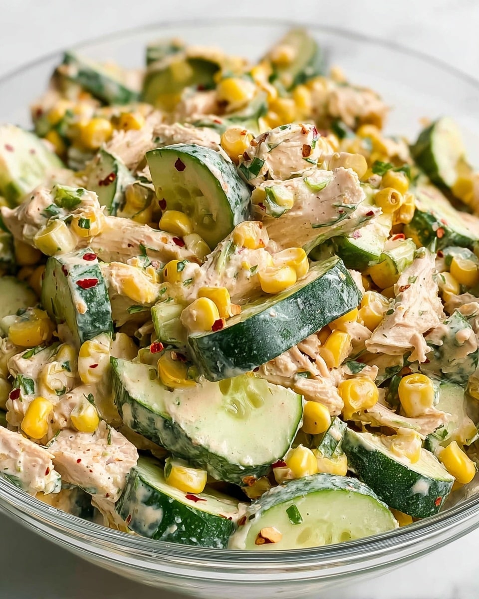 A close-up view of a creamy salad in a clear glass bowl, showing layers of yellow corn kernels, light green cucumber slices with dark green edges, small pieces of chopped chicken coated in a pale beige dressing with herbs, and small bits of red onion and green herbs mixed throughout. The textures are fresh and chunky, with the creamy dressing evenly coating the ingredients. The bowl sits on a white marbled surface with a gold spoon partially visible on the left side, stirring the mix. photo taken with an iphone --ar 4:5 --v 7
