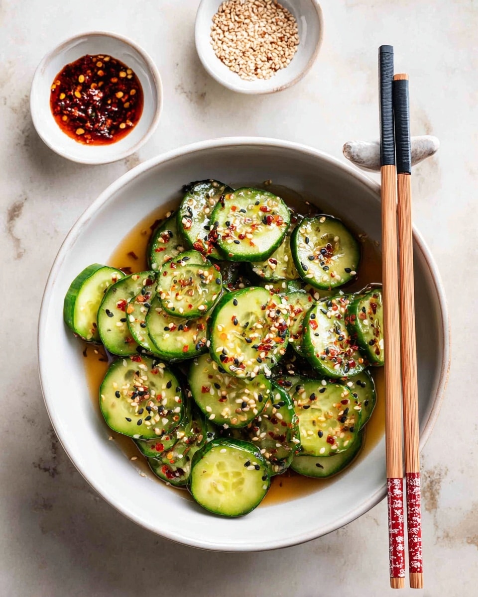 A white bowl filled with two layers of sliced cucumber rounds, each piece bright green with darker green edges, soaking in a light brown sauce that pools at the bottom. The cucumber slices are sprinkled generously with red chili flakes and a mix of black and white sesame seeds, adding texture and color contrast. Two black chopsticks with tan handles decorated with red flower designs rest on the side of the bowl. Nearby, two small white dishes hold more sesame seeds and red chili flakes, all set on a white marbled surface. Photo taken with an iphone --ar 4:5 --v 7