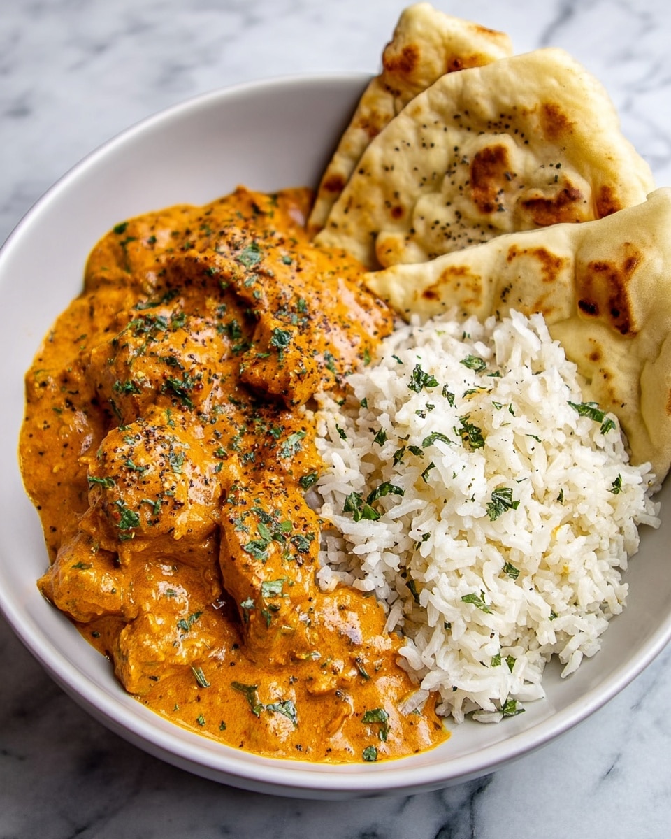 In a white bowl, there is a three-part meal with creamy orange curry on the left side, showing chunks of meat or vegetables covered in a thick sauce sprinkled with green herbs and black pepper. In the middle, there is a layer of white rice with small green herb pieces scattered on top. On the right side, folded pieces of warm brown naan bread rest against the rice, with light browned spots and soft texture visible. The bowl is placed on a white marbled surface. photo taken with an iphone --ar 4:5 --v 7
