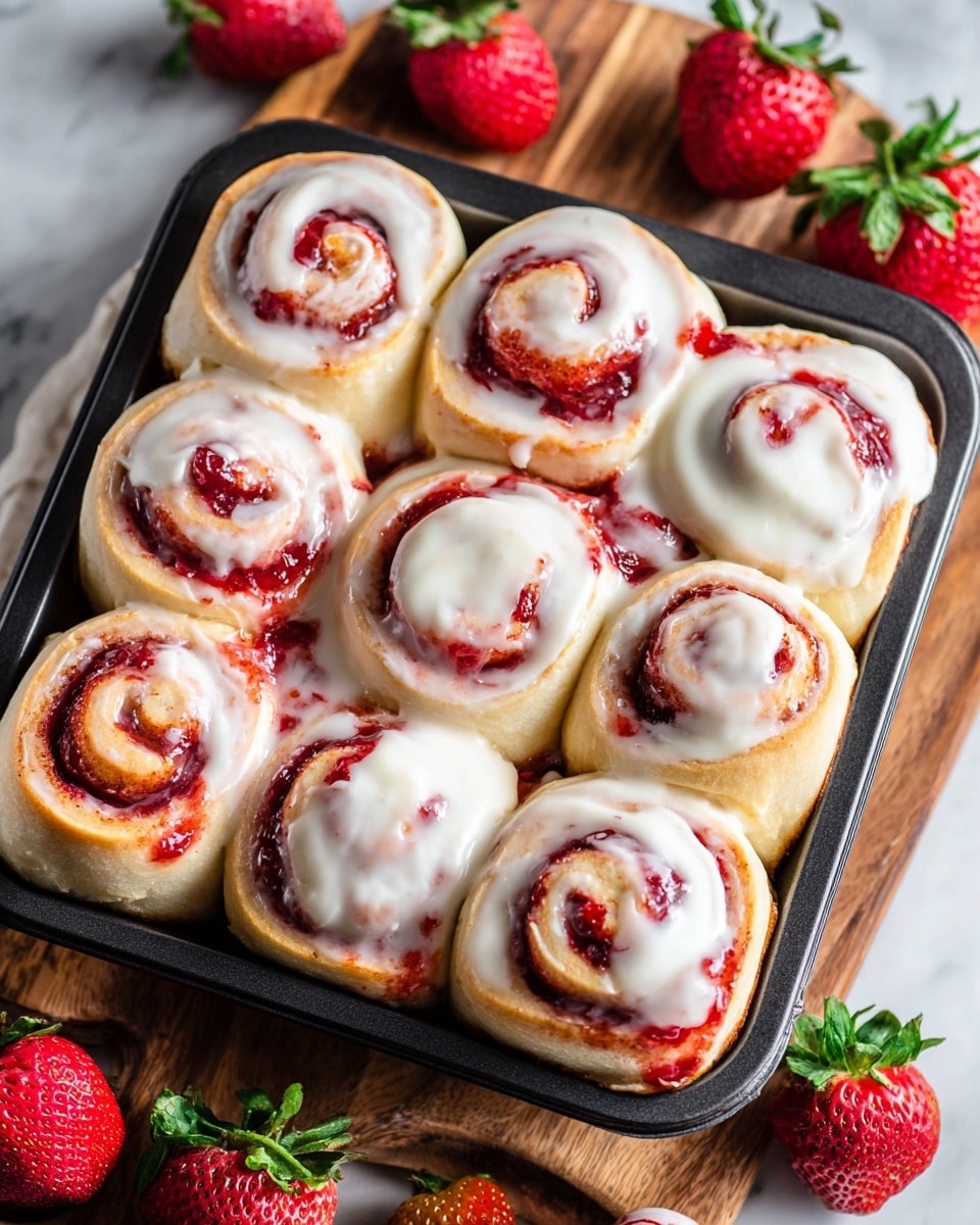 The image shows a black baking pan filled with nine soft, spiral-shaped strawberry rolls arranged tightly together. Each roll has a golden-brown base layer of dough, topped with a second layer of bright red strawberry jam visible through the swirl, and finished with a smooth, white cream cheese frosting that gently covers the top and drips slightly down the sides. Fresh whole strawberries with green leaves are scattered around the pan, which is set on a wooden board placed on a white marbled surface. photo taken with an iphone --ar 4:5 --v 7