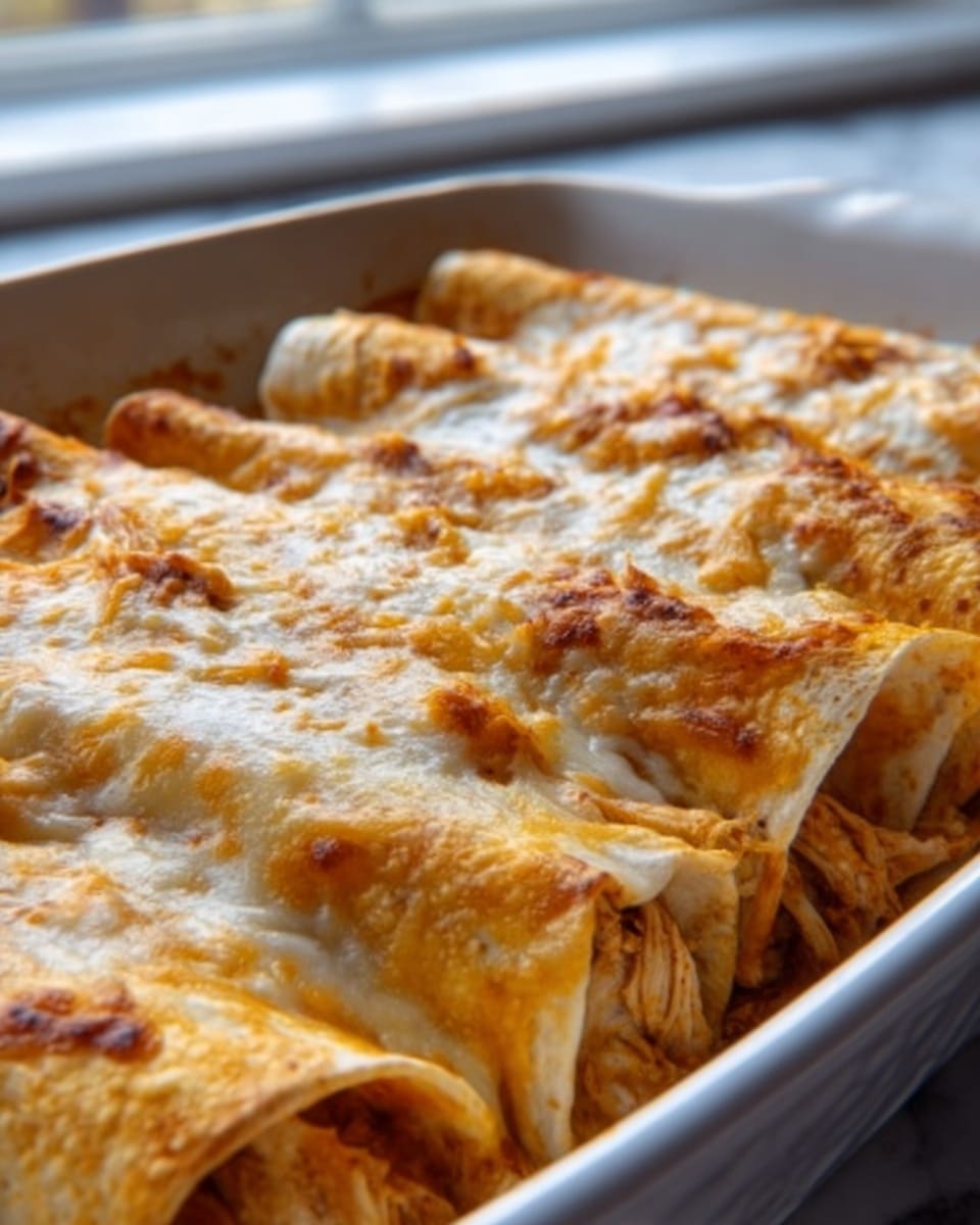 The image shows a close-up of several rolled tortillas filled with shredded chicken placed side by side in a white baking dish. Each rolled tortilla is covered with a thick, gooey layer of melted cheese that is golden brown and bubbly on top. The edges of the tortillas are slightly crispy, and the chicken filling is visible in some areas, showing a light brown color mixed with sauce. The white baking dish contrasts with the rich colors of the enchiladas. The background is a white marbled surface with soft natural light coming from behind, highlighting the textures of the cheese and tortillas. Photo taken with an iphone --ar 4:5 --v 7
