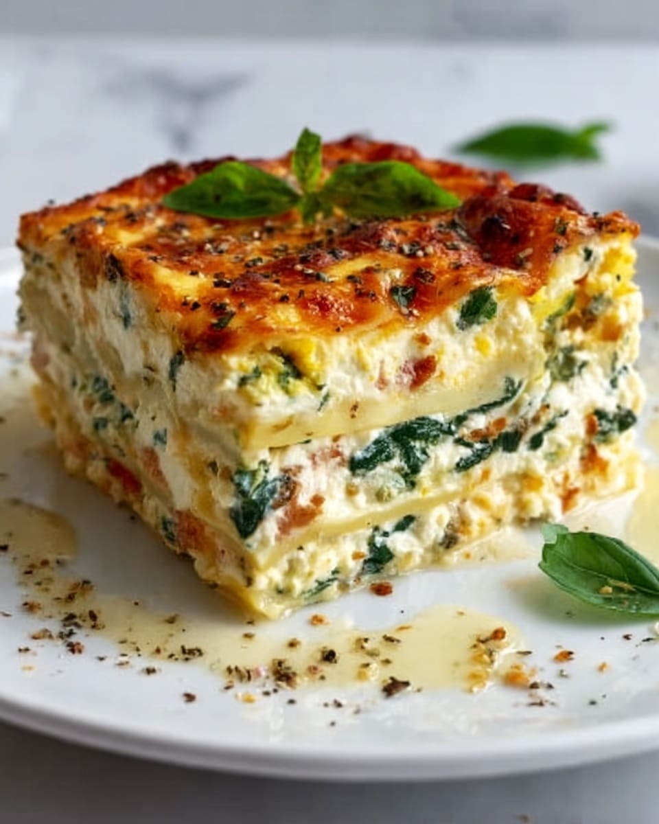 The image shows a thick square piece of lasagna with clear layers visible on a white plate set on a white marbled surface. The bottom layer is a soft, light pasta sheet followed by a green layer of cooked spinach. Above that is a creamy white ricotta cheese layer with specks of herbs. The next layer is another pasta sheet, topped with a golden melted cheese layer that has browned spots and some fresh basil leaves on top. Small bits of seasoning are sprinkled around the plate. Photo taken with an iphone --ar 4:5 --v 7