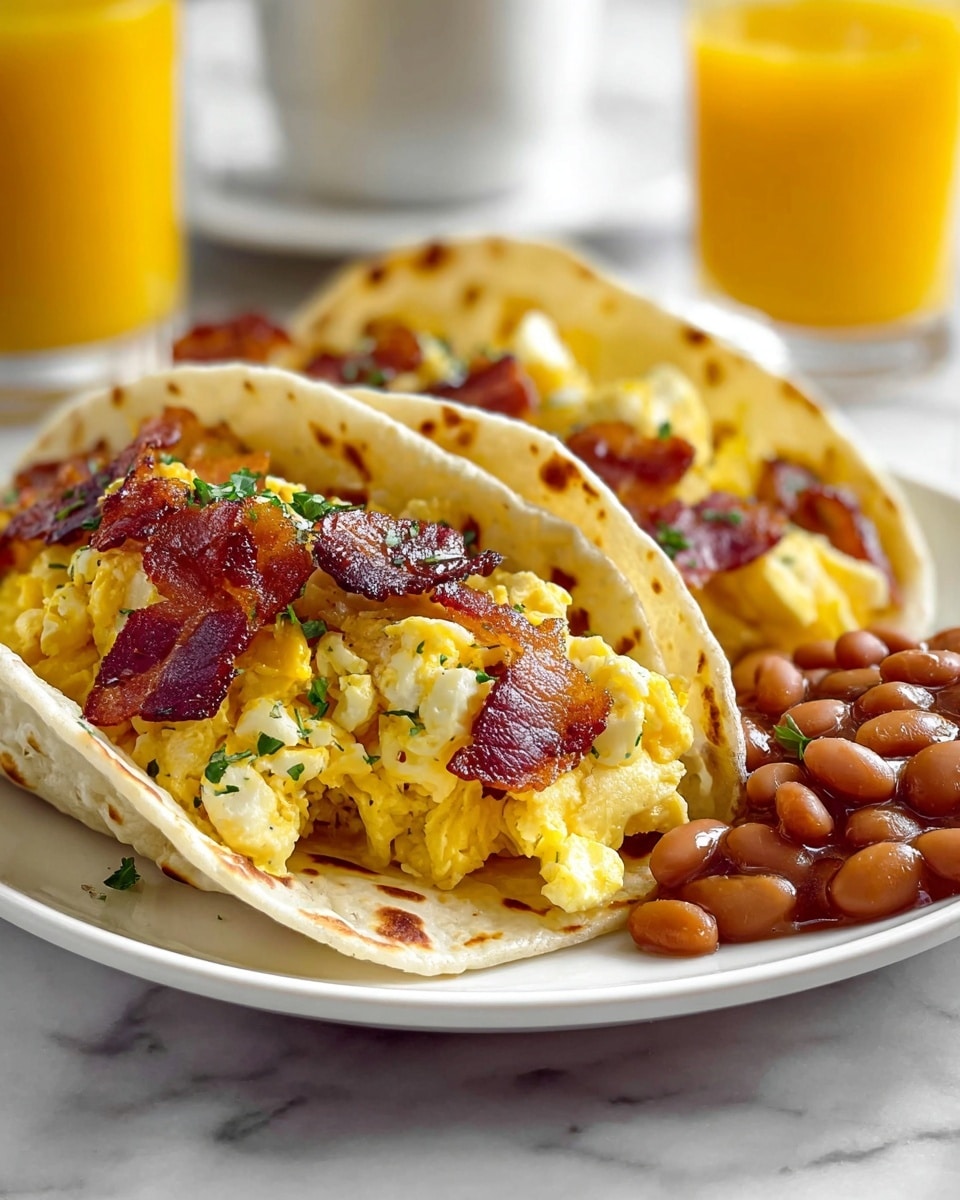 Two soft, light beige tortillas sit side by side on a white plate over a white marbled surface, each filled with fluffy yellow scrambled eggs, golden crispy potato pieces, and reddish-brown cooked bacon bits sprinkled with small green herbs. To the right side of the plate, a small serving of glossy baked beans with brown skin adds a rich contrast. In the blurred background, there is a tall glass of orange juice and another white item. The close-up image captures a warm, fresh breakfast scene. photo taken with an iphone --ar 4:5 --v 7