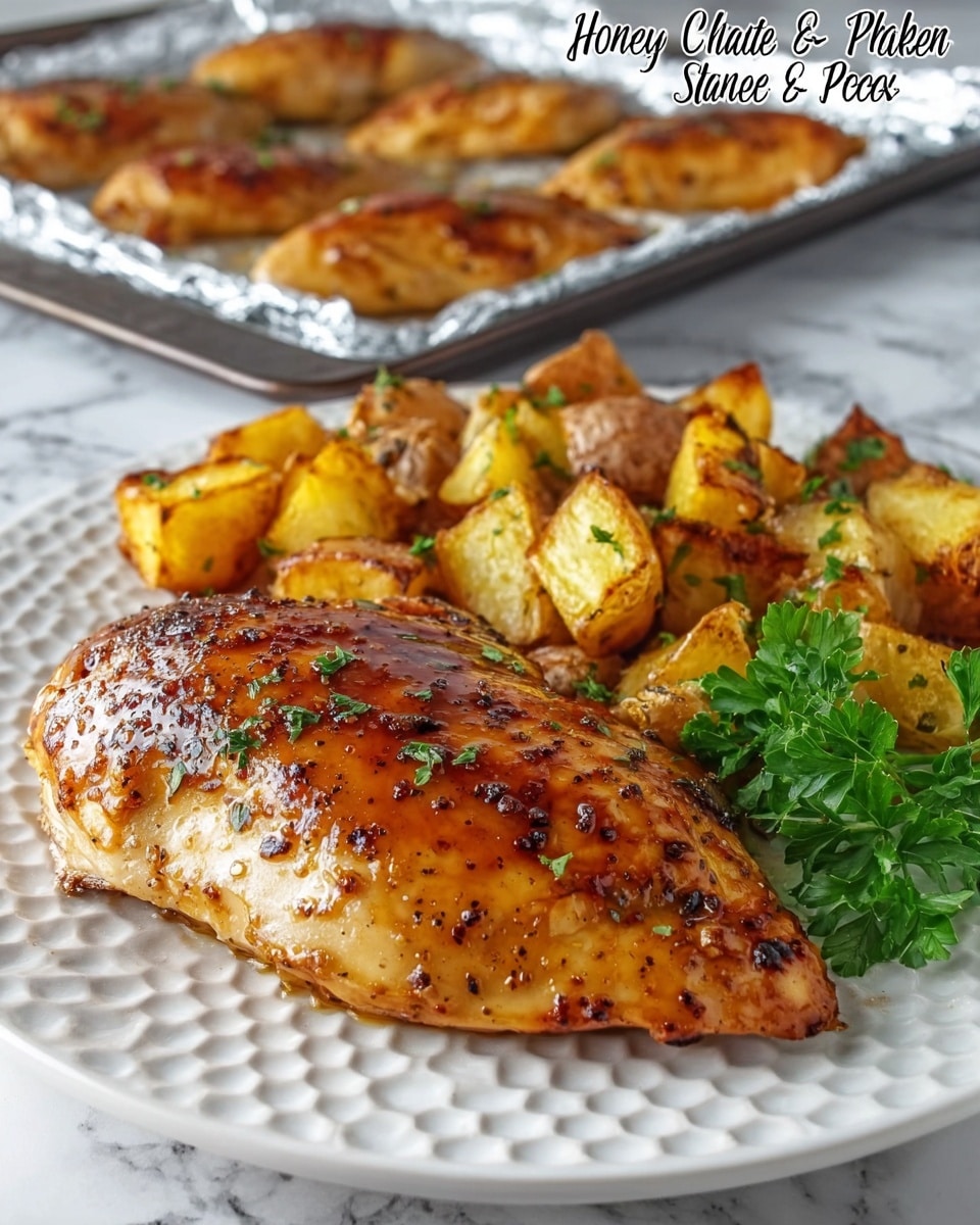 The image shows a white textured plate with a large piece of honey-glazed chicken breast that is golden brown with a slightly sticky glaze and specks of seasoning on top, positioned in the front left of the plate. To the right and behind the chicken, there is a pile of golden roasted potato chunks with a crispy, seasoned exterior. A sprig of fresh green parsley is placed to the right of the potatoes, adding a touch of color. In the background, a sheet pan lined with foil holds more honey-glazed chicken breasts and roasted potatoes on a white marbled surface. The photo taken with an iphone --ar 4:5 --v 7