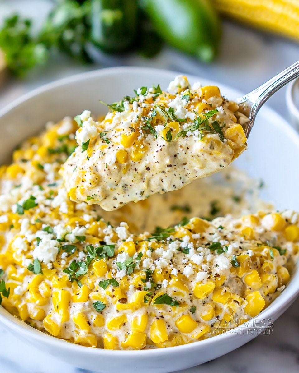 A close-up of creamy corn served in a white bowl, showing two main layers: the bottom layer is smooth, creamy sauce with a soft texture, and the top layer is a mix of bright yellow corn kernels scattered with white crumbly cheese and green chopped herbs for garnish; the dish is held by a metal serving spoon lifting a scoop, with the corn and cheese mixture piled thickly, the powdery spice sprinkled on top adds specks of brown. The background has blurred green jalapeños and stacked white plates on a white marbled surface. Photo taken with an iphone --ar 4:5 --v 7