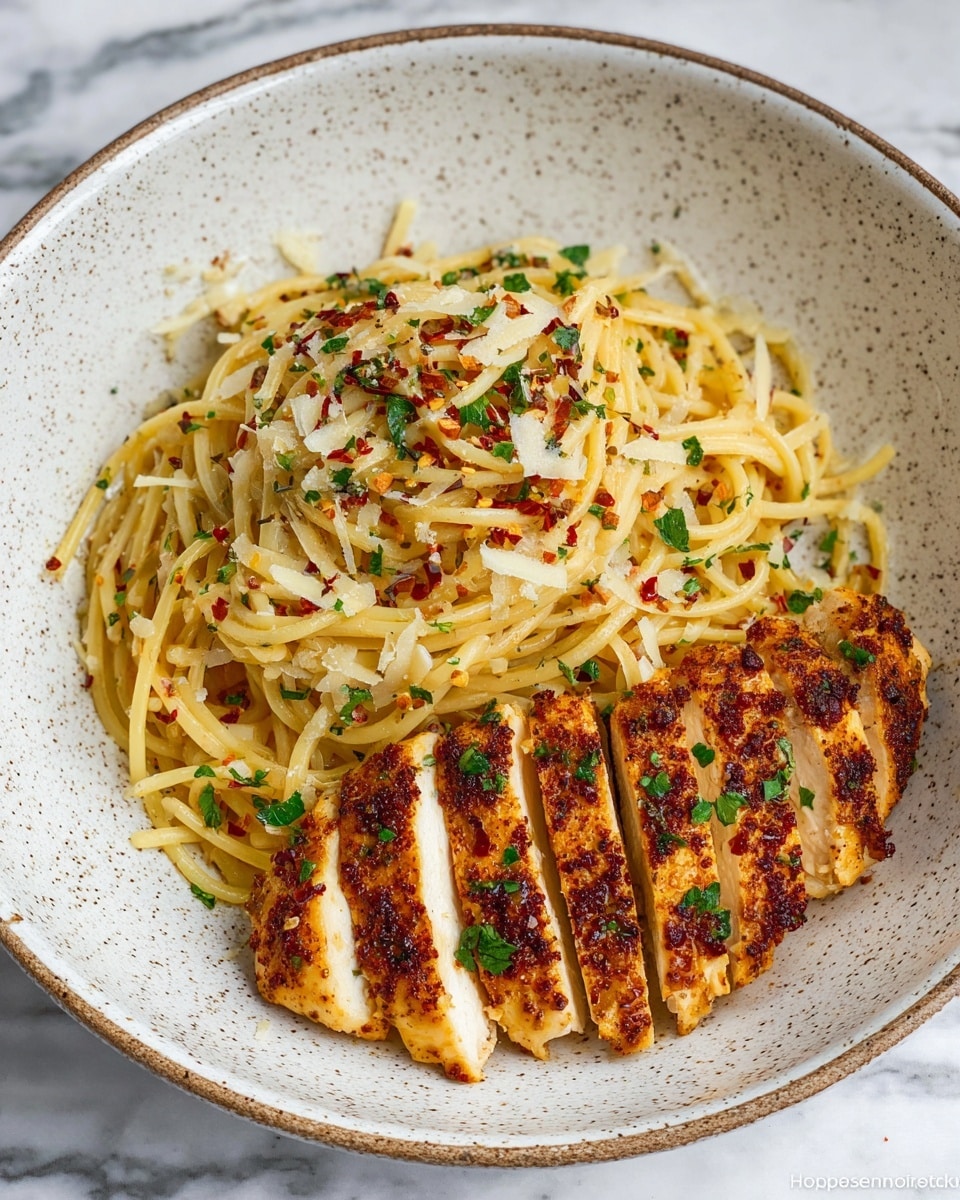 The dish shows a large white plate filled with two main parts: on the right side, there is a thick bundle of long, golden spaghetti noodles that look soft and are sprinkled with small green parsley pieces, thin white shreds of cheese, and tiny red chili flakes. On the left side, close to the spaghetti, are slices of grilled chicken breast, with a lightly browned, slightly crispy texture, seasoned with herbs and small green parsley bits on top. The chicken slices are arranged in a neat row, showing a juicy and tender inside. The plate sits on a white marbled surface. photo taken with an iphone --ar 4:5 --v 7