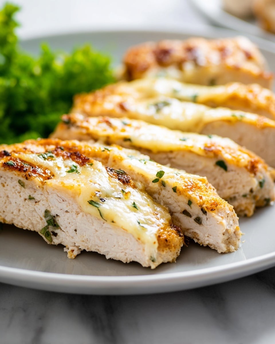 The dish shows sliced cooked chicken breast arranged on a white plate with a golden-brown melted cheese layer on top. The cheese has small browned spots with a slightly bubbly and crispy texture, and there are flecks of black pepper and small green herb bits scattered over the cheese. The chicken underneath is white and smooth with clear slice lines. In the background, blurred green vegetable stems and leaves are visible, all placed on a white marbled surface. photo taken with an iphone --ar 4:5 --v 7
