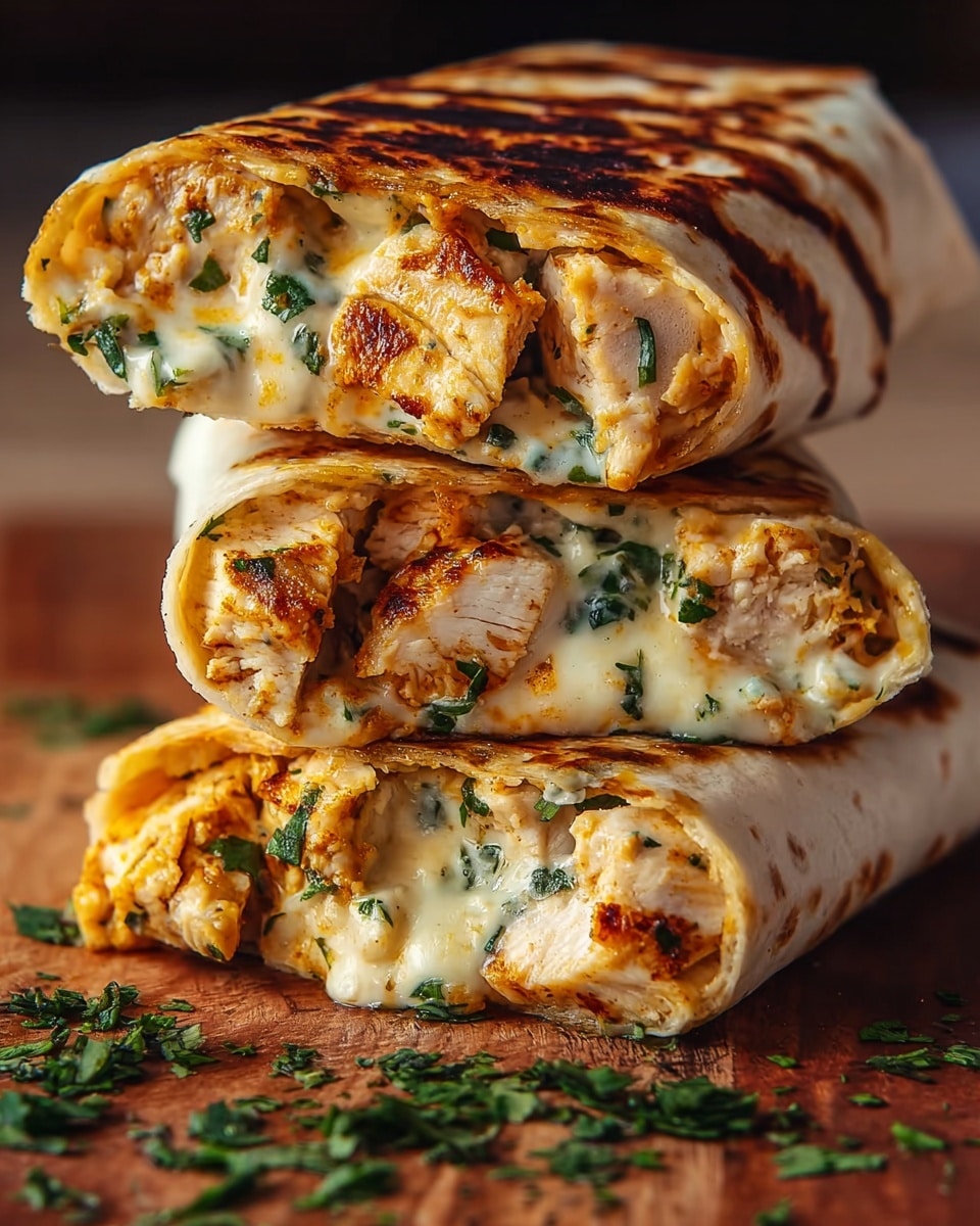 A stack of three grilled wraps is shown on a wooden surface with some green herbs scattered around. The wraps have a golden-brown grilled outer layer with crispy texture. Inside, there are visible layers of cooked chicken pieces mixed with melted, creamy cheese and chopped fresh green herbs, all tightly wrapped in a soft, white tortilla. The chicken pieces have a slightly charred look adding to the texture and color contrast. photo taken with an iphone --ar 4:5 --v 7