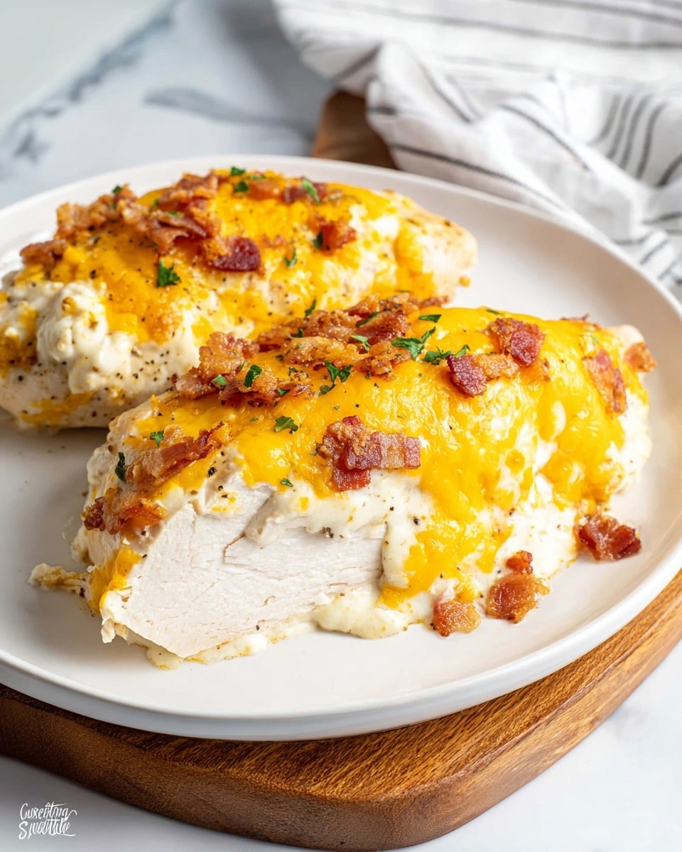 Two pieces of cooked chicken breast form the base layer on a white plate; the chicken has a light, juicy texture with some seasoning visible. On top of the chicken is a thick creamy white sauce layer, rich and slightly smooth. The top layer is bright yellow melted cheddar cheese, covering the sauce and chicken almost fully, with some golden brown crispy bits. Scattered on the cheese are small, crunchy bacon pieces, reddish-brown in color, adding texture and contrast. A few green parsley flakes are sprinkled on top for color. The plate sits on a wooden board with a white marbled texture in the background and a white cloth with gray stripes nearby. Photo taken with an iphone --ar 4:5 --v 7