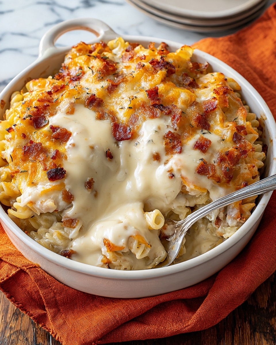 A white deep dish filled with creamy baked pasta, showing three distinct layers: the bottom layer of light golden noodles mixed with bits of crispy crumbled bacon, the middle layer of melted cheese with a slightly browned crust, and a thick top layer of smooth white sauce spread evenly over the cheese, with some browned spots peeking through. A silver spoon rests on the edge of the dish, slightly lifting the pasta revealing the creamy inside. The dish sits on an orange cloth on a white marbled surface with a white pepper grinder and white jug blurred in the background. Photo taken with an iphone --ar 4:5 --v 7