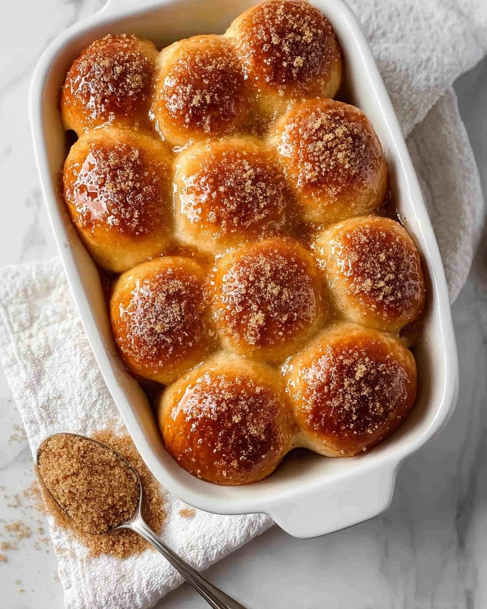 The image shows a white rectangular baking dish filled with eight soft, golden brown dinner rolls, arranged in two rows of four. Each roll is covered with a shiny glaze, giving them a slightly sticky texture, and is topped with a sprinkle of light brown sugar and cinnamon, which creates a textured crust on the surface. The rolls are closely packed, with a warm, fluffy appearance and browned edges where they touch each other. Beside the dish, a spoon filled with extra brown sugar rests on a white cloth, all placed on a white marbled tabletop. photo taken with an iphone --ar 4:5 --v 7