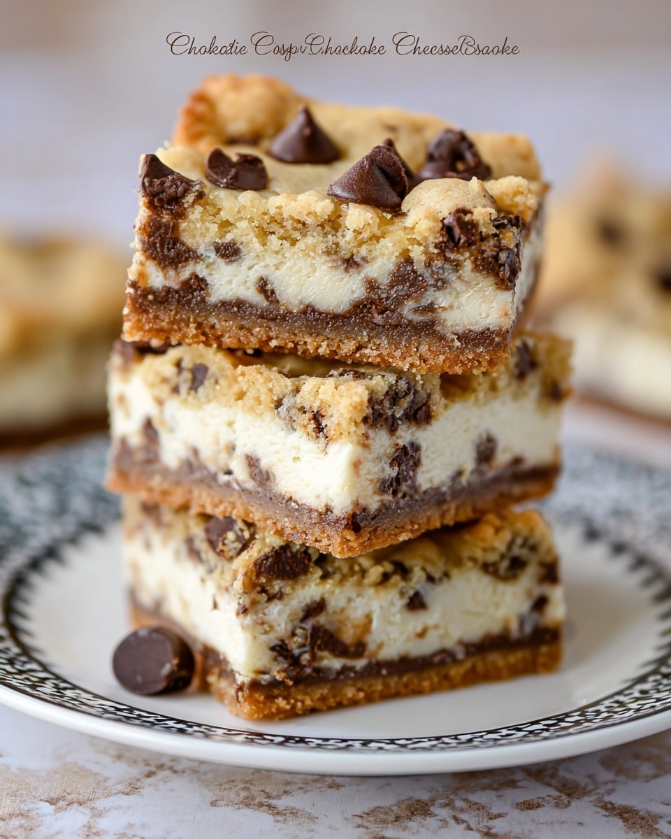 A stack of four thick chocolate chip cookie cheesecake bars is centered on a white plate with black patterned rim, placed on a white marbled surface. Each bar clearly shows three layers: a golden brown cookie base with chocolate chips, a smooth creamy white cheesecake middle speckled with chocolate chips, and a top layer of crumbly golden cookie dough dotted with more chocolate chips. The texture on top looks soft and slightly crumbly, contrasting with the firm white cheesecake layer beneath. The bars are slightly uneven in height, giving a homemade feel, with one chocolate chip visible on the plate. Photo taken with an iphone --ar 4:5 --v 7