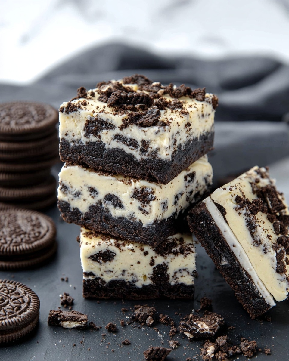 A stack of three square dessert bars is shown, each bar having three layers: a dark crumbly bottom layer, a thick creamy white middle layer mixed with small black cookie crumbs, and a top layer of creamy white with larger crushed dark cookie pieces scattered on it. Whole dark sandwich cookies and one broken cookie with white filling are placed nearby. The stack and cookies rest on a dark slate surface with a soft grey cloth blurred in the background, all set against a white marbled texture. photo taken with an iphone --ar 4:5 --v 7