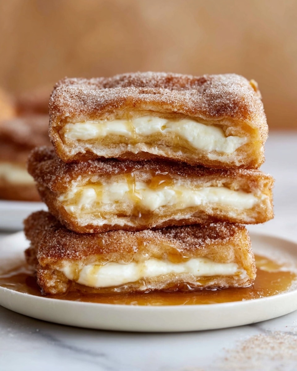 The image shows a stack of three square, golden-brown churro sandwiches on a white plate, each filled with a white creamy layer and a drizzle of light caramel sauce oozing slightly between the layers. Each churro has a crispy sugar-coated texture on the outside, with a soft filling inside, and the plate sits on a white marbled surface in soft light. photo taken with an iphone --ar 4:5 --v 7