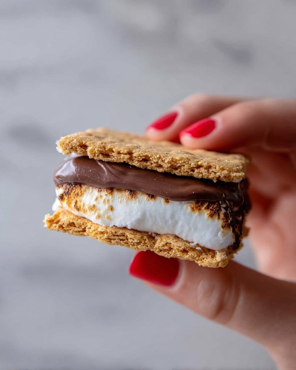 A close-up view of a layered s'mores sandwich held between a woman's fingers with red painted nails. The sandwich consists of three layers: the top and bottom layers are golden brown, crumbly graham crackers with a rough texture, while the middle is made up of a thick, smooth milk chocolate layer topped with a fluffy, white marshmallow layer that slightly melts into the chocolate. The light gray background contrasts softly with the food. photo taken with an iphone --ar 4:5 --v 7