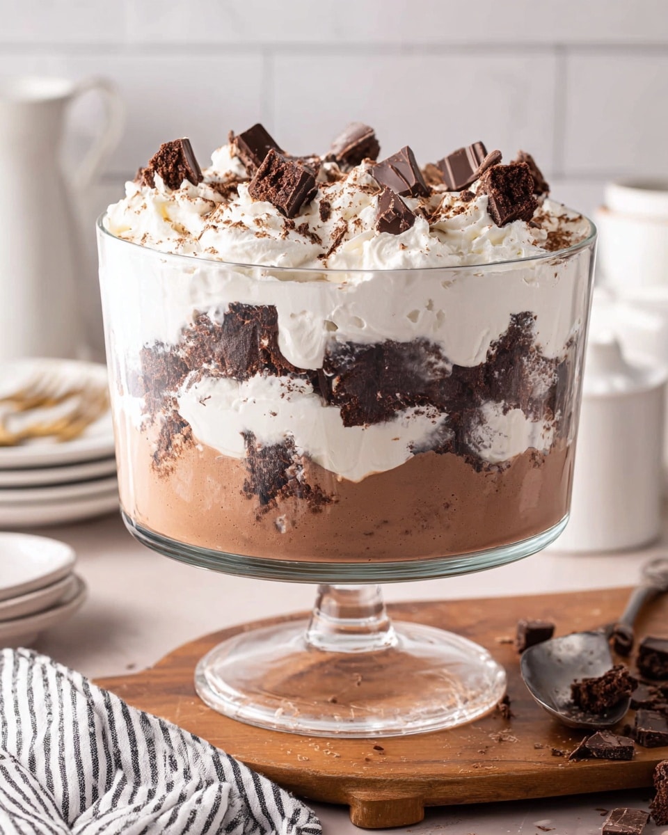 A clear glass trifle bowl on a stem holds a multi-layered dessert with three main layers: the bottom layer is smooth and light brown chocolate mousse, topped by a thick white whipped cream layer, followed by a middle layer with chunks of dark brown brownie pieces mixed with more whipped cream. The top layer is thick white whipped cream decorated with more brownie chunks and dark chocolate pieces. A large scoop has been taken out from the front, showing the layers inside and the mix of cream and brownies. The bowl sits on a wooden board with a white and black striped cloth nearby and scattered dark chocolate pieces. The background is white marbled texture with blurred white containers and stacked white plates. photo taken with an iphone --ar 4:5 --v 7