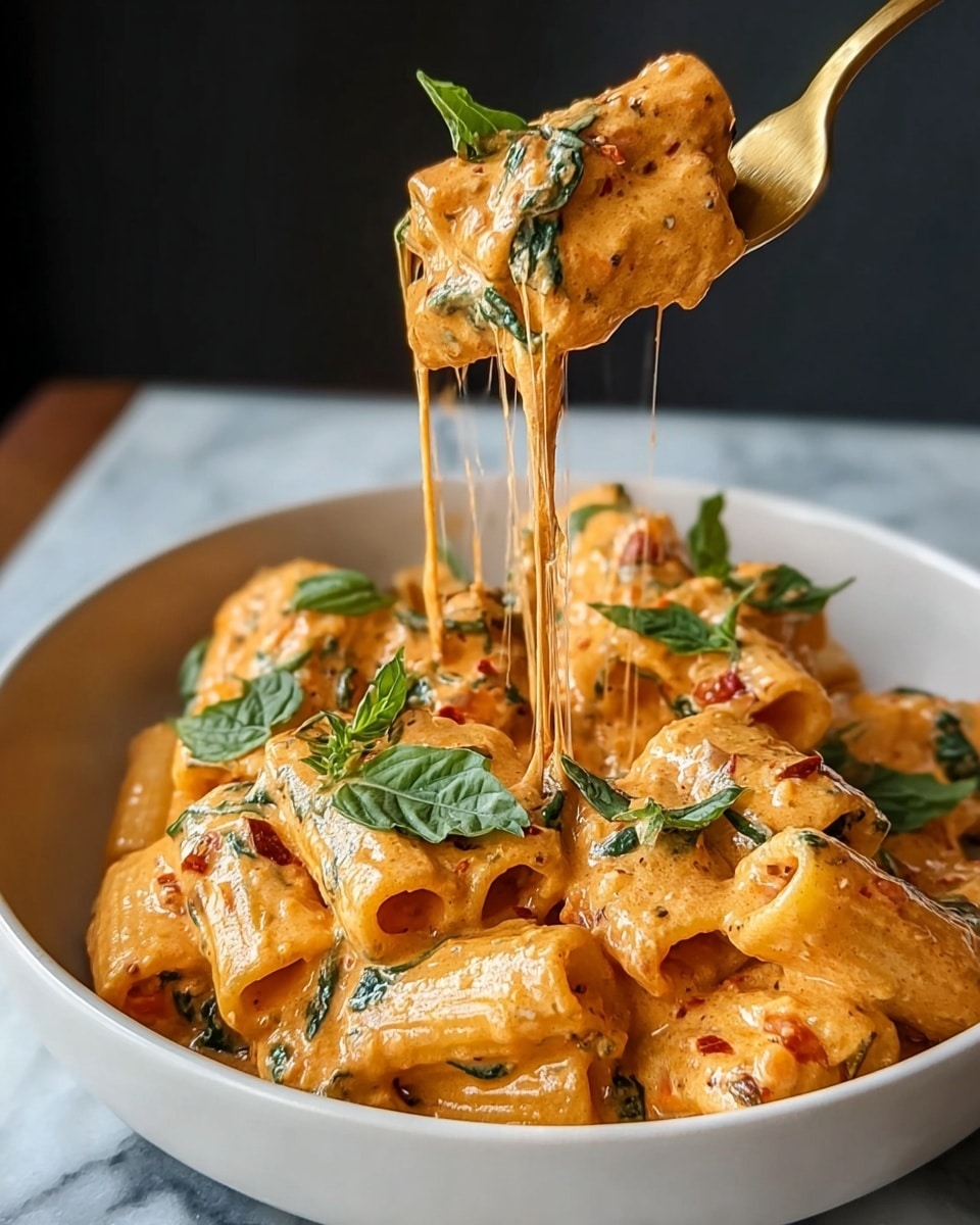 A close-up view of a white bowl filled with thick rigatoni pasta covered in a creamy, orange-colored sauce with visible green spinach leaves and red specks of tomato. The pasta tubes are well coated and some fresh basil leaves are scattered on top as garnish. A gold fork lifts a portion of the pasta, showing long, stretchy strands of melted cheese dripping down. The bowl sits on a white marbled surface with a blurred dark background. photo taken with an iphone --ar 4:5 --v 7