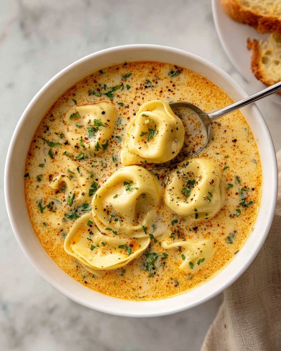 A white bowl filled with creamy orange soup sits on a white marbled surface with a piece of toasted bread and a beige cloth on the side. Inside the soup, there are several layers of soft tortellini pasta, light yellow in color with a smooth texture, floating in the rich, slightly speckled creamy broth. The soup is topped with finely chopped green herbs and a sprinkle of black pepper, adding contrast and texture. A silver spoon holds one tortellini above the soup, showing its curved shape and pasta folds. photo taken with an iphone --ar 4:5 --v 7