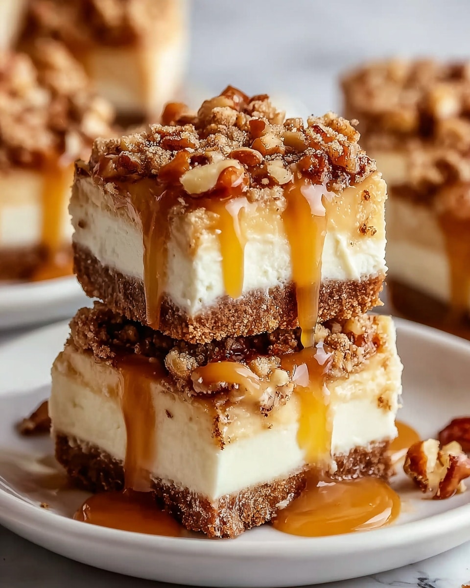 Two pieces of cheesecake bars stacked on a white plate, each with three main layers: a crumbly brown crust base, a thick creamy white cheesecake layer in the middle, and a topping of chopped nuts mixed with a crumbly brown sprinkle. A sticky golden caramel sauce is poured over the top, dripping down the sides, creating a glossy texture. The background is a white marbled texture, and other similar cheesecake bars are softly blurred behind the main stack. photo taken with an iphone --ar 4:5 --v 7