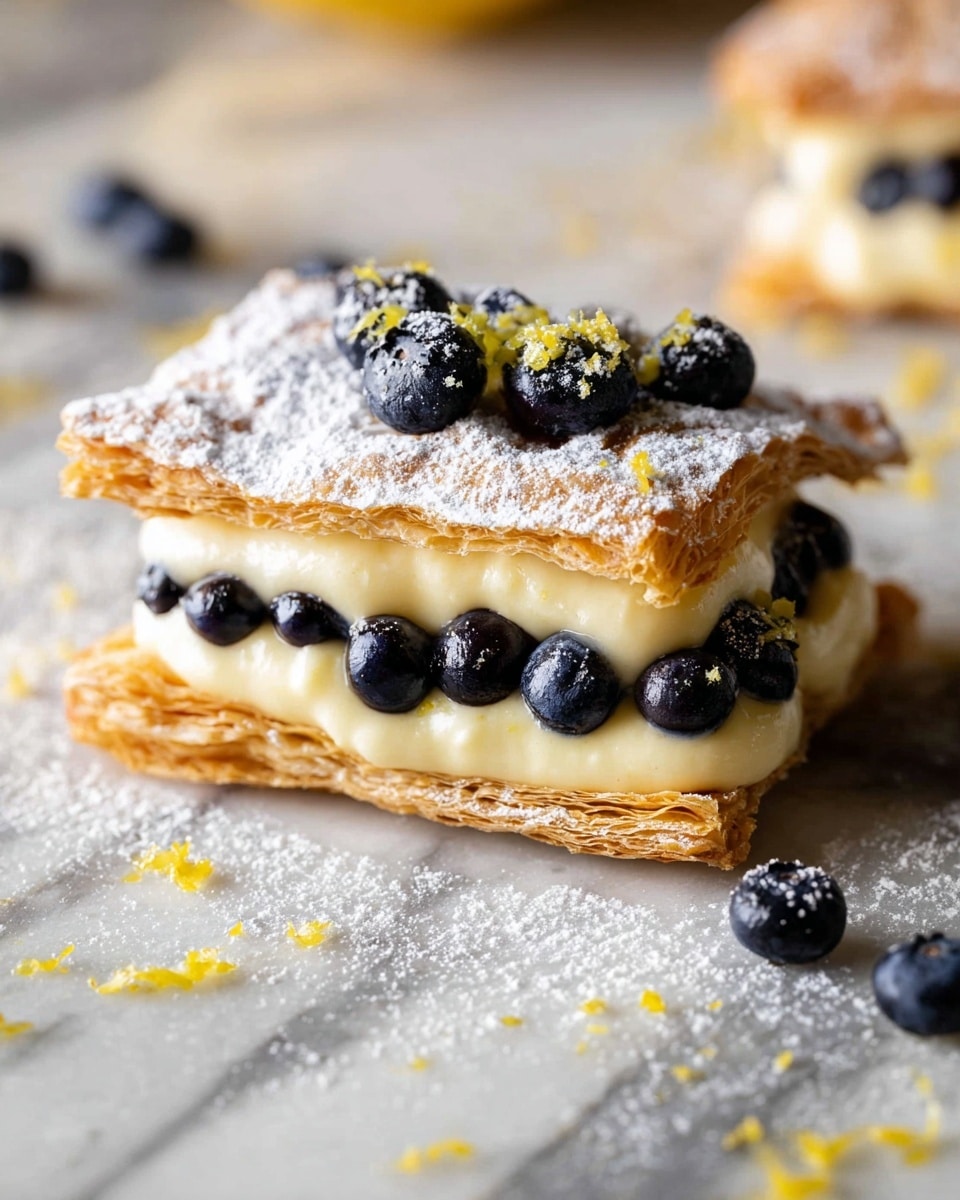 The image shows a dessert with two layers of golden brown, flaky pastry, each layer dusted lightly with powdered sugar. Between the layers is a thick, smooth, pale yellow cream filling, topped with fresh, plump blueberries that are dark bluish-black and some bits of yellow lemon zest scattered on top and around the dessert. The dessert rests on a white marbled surface, with some powdered sugar and lemon zest scattered nearby, creating a fresh and inviting look. Photo taken with an iphone --ar 4:5 --v 7