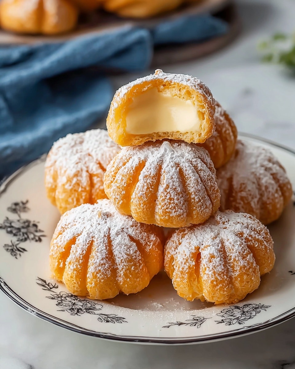 A stack of seven small pumpkin-shaped cream puffs with light golden brown outer shells dusted with white powdered sugar sit on a white plate with delicate small black floral designs and a thin black rim. The cream puffs have ridged textures mimicking pumpkin grooves. One cream puff is cut in half and placed on top of the pile, revealing a smooth, pale yellow creamy filling inside with a soft and light texture. The plate is placed on a white marbled surface, and a blue cloth can be seen in the corner. Photo taken with an iphone --ar 4:5 --v 7
