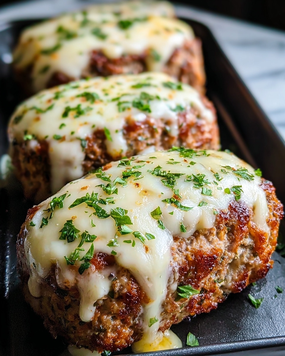 Four pieces of cooked meatloaf are placed close together on a black tray, each showing a rough, browned texture on the outside. Each piece is topped with a melted layer of creamy white cheese and sprinkled with small green herb pieces. The cheese appears slightly golden in some spots, dripping lightly down the sides of the meatloaves. The tray is on a white marbled surface, and the image is focused closely on the front meatloaf with the others slightly blurred in the background. photo taken with an iphone --ar 4:5 --v 7